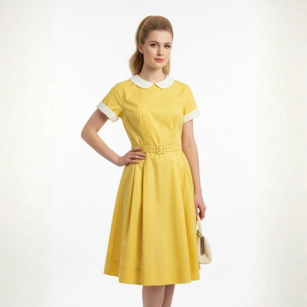 Jones Vintage Yellow & White Collared Short Sleeve Dress - Size 8 (Vintage)